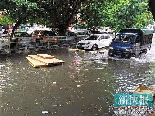 棠乐路水浸黑点,垃圾漂在马路中央。新快报记者 李辰曦 罗汉章/摄